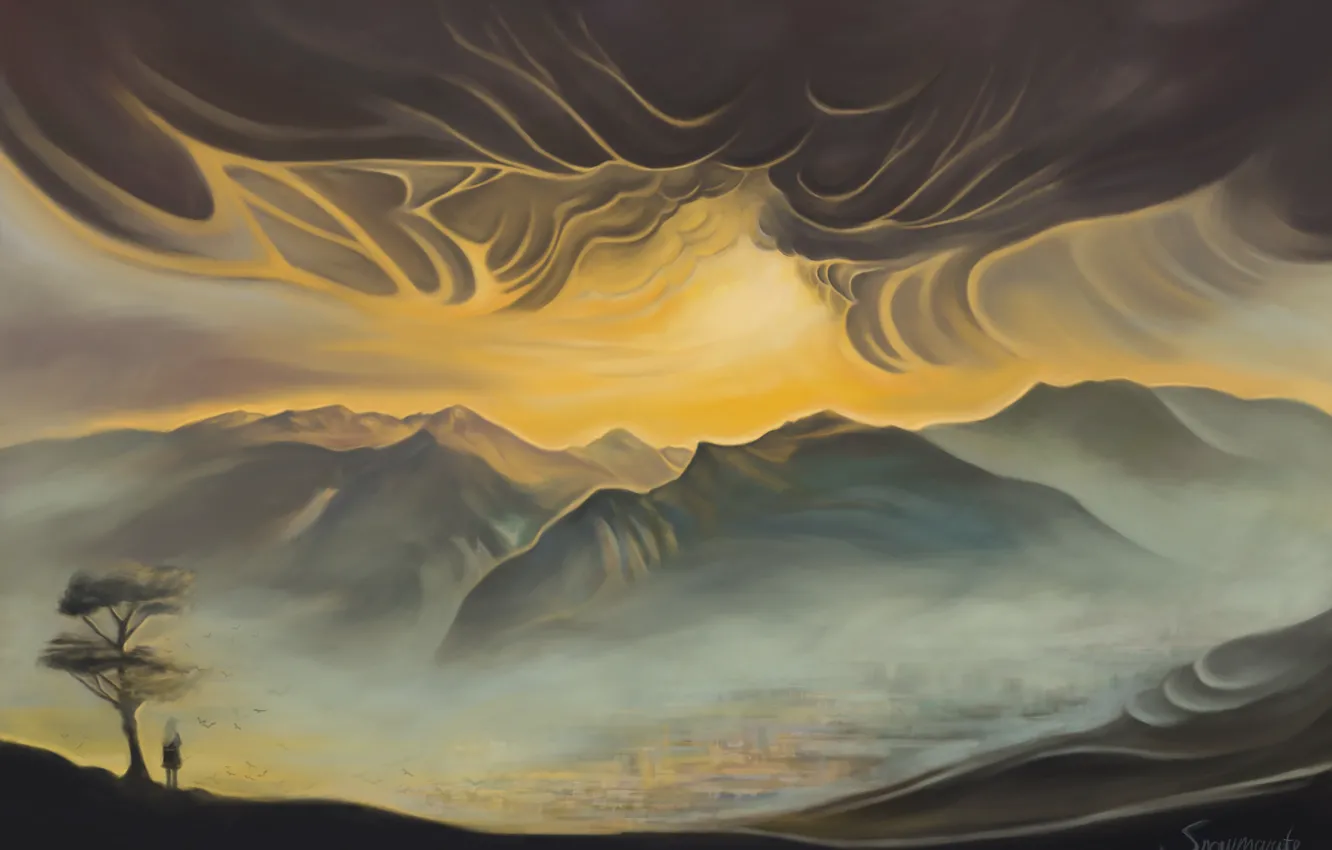 Photo wallpaper girl, trees, mountains, clouds, bird, art, Snowmarite