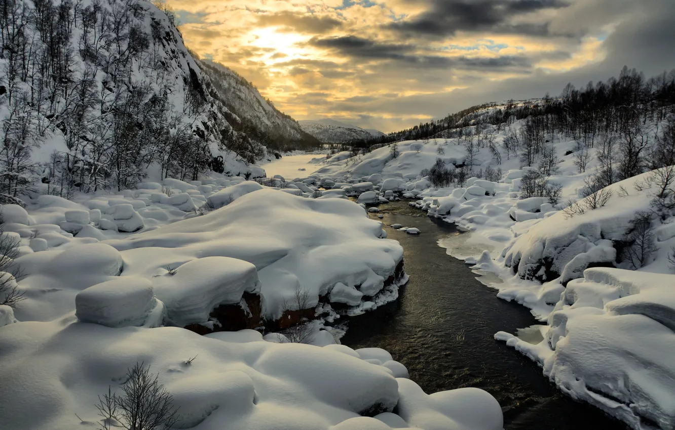 Photo wallpaper winter, the sky, the sun, snow, mountains, river
