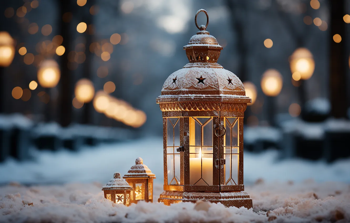 Photo wallpaper winter, snow, night, new year, Christmas, lights, Christmas, night