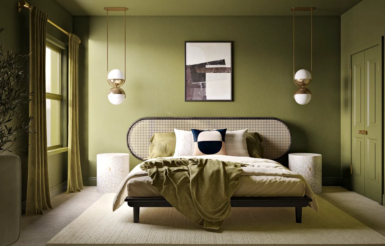 Photo wallpaper design, style, room, interior, bedroom, alloverpaint, solid green