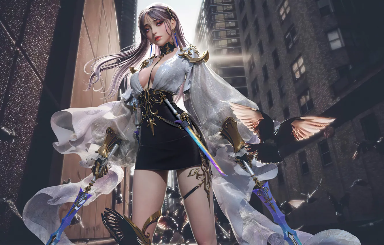 Photo wallpaper look, pose, weapons, home, anime, neckline, cleavage, anime