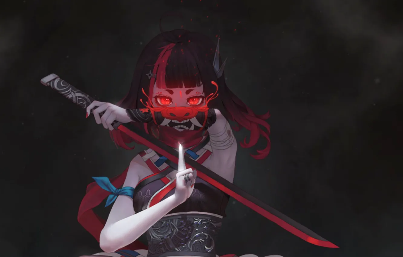 Photo wallpaper girl, red, the dark background, sword, anime, the devil, red, girl