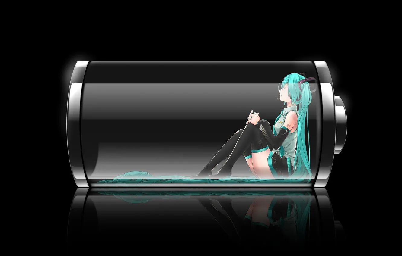 Photo wallpaper girl, the dark background, art, vocaloid, hatsune miku, charge, battery, sitting