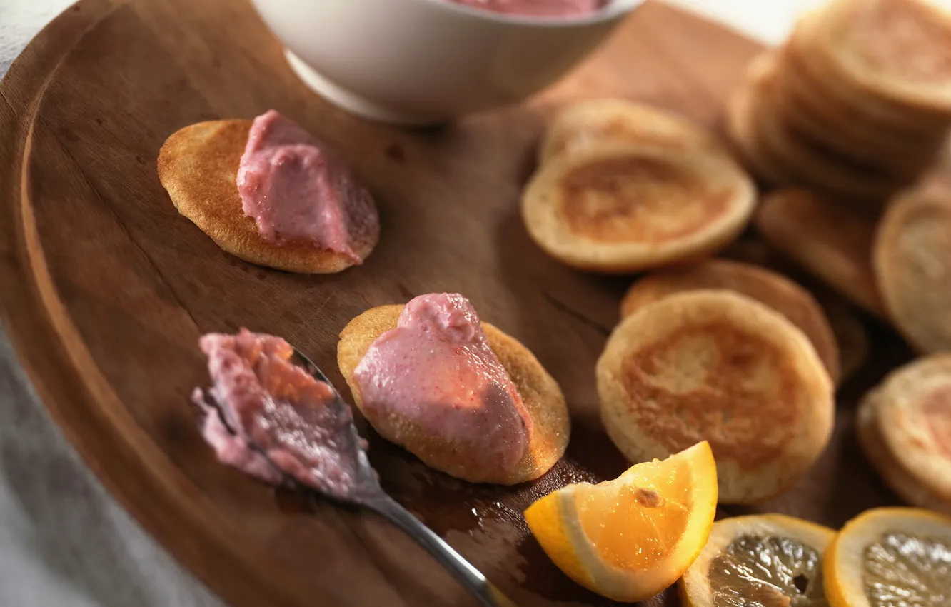 Photo wallpaper lemon, sauce, pancakes