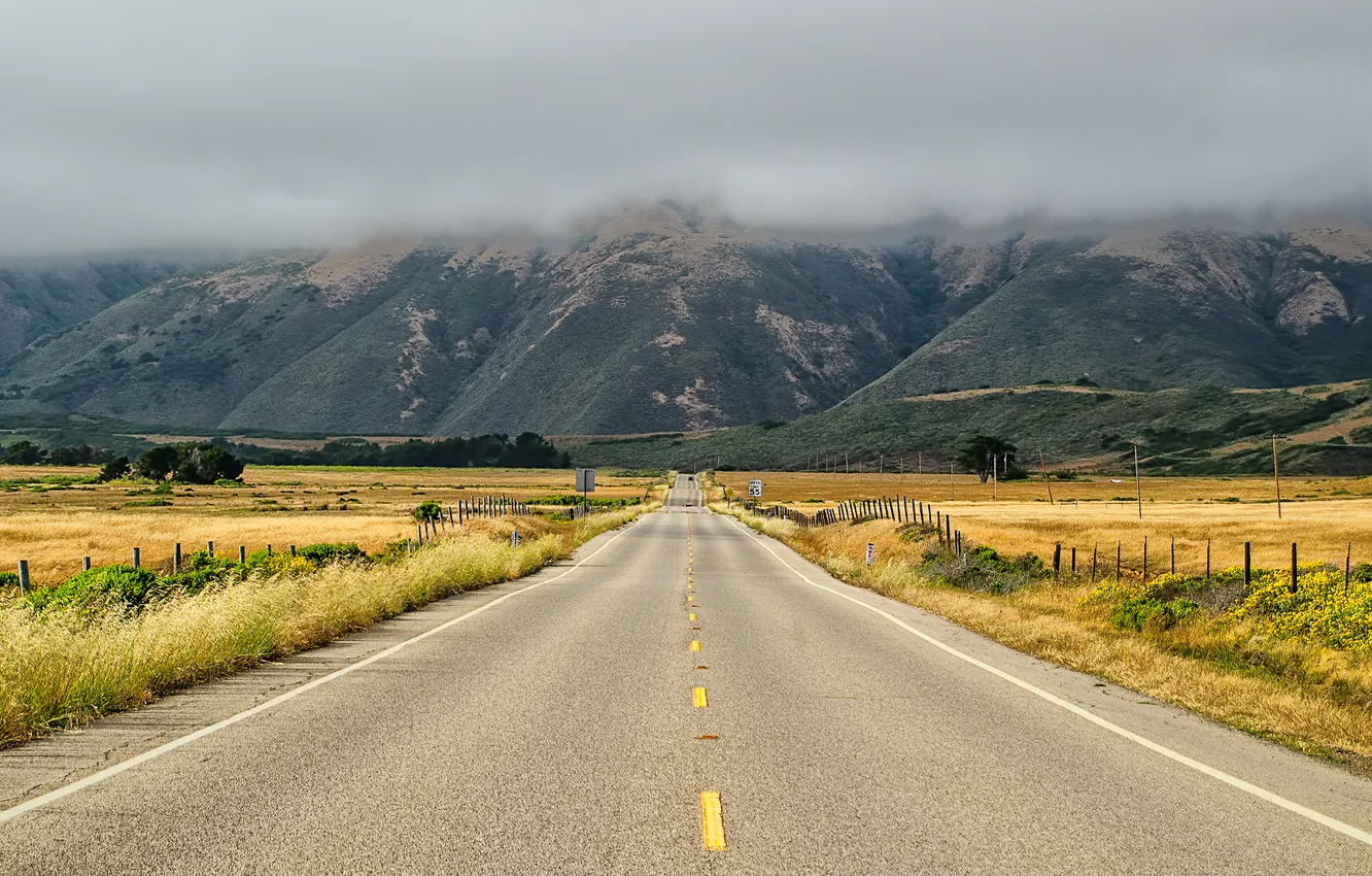 Photo wallpaper road, clouds, mountains
