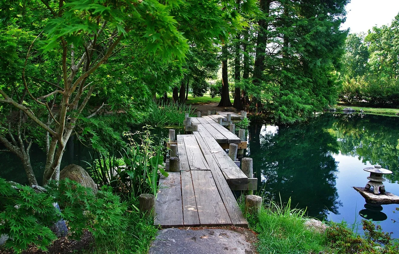 Photo wallpaper Park, beautiful green trees, the old wooden bridge