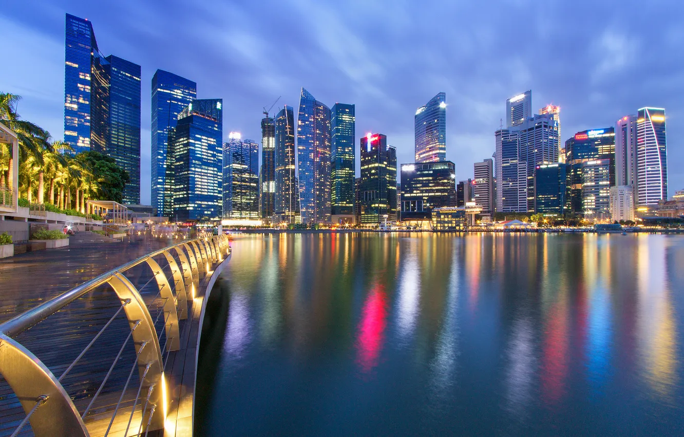 Photo wallpaper building, Singapore, night city, promenade, Singapore