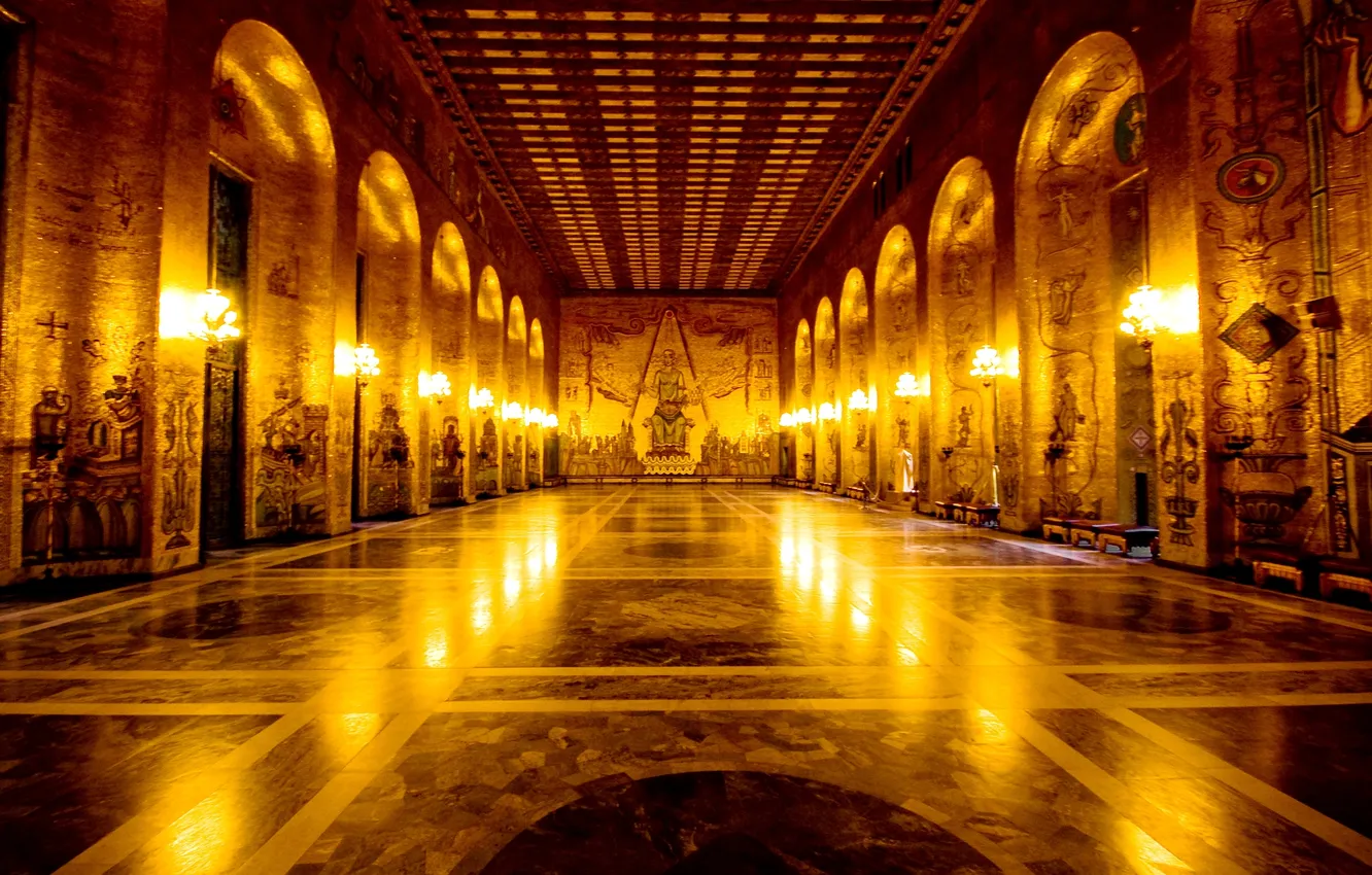 Photo wallpaper mosaic, wall, Stockholm, Sweden, town hall, city hall, handmade, Golden Hall