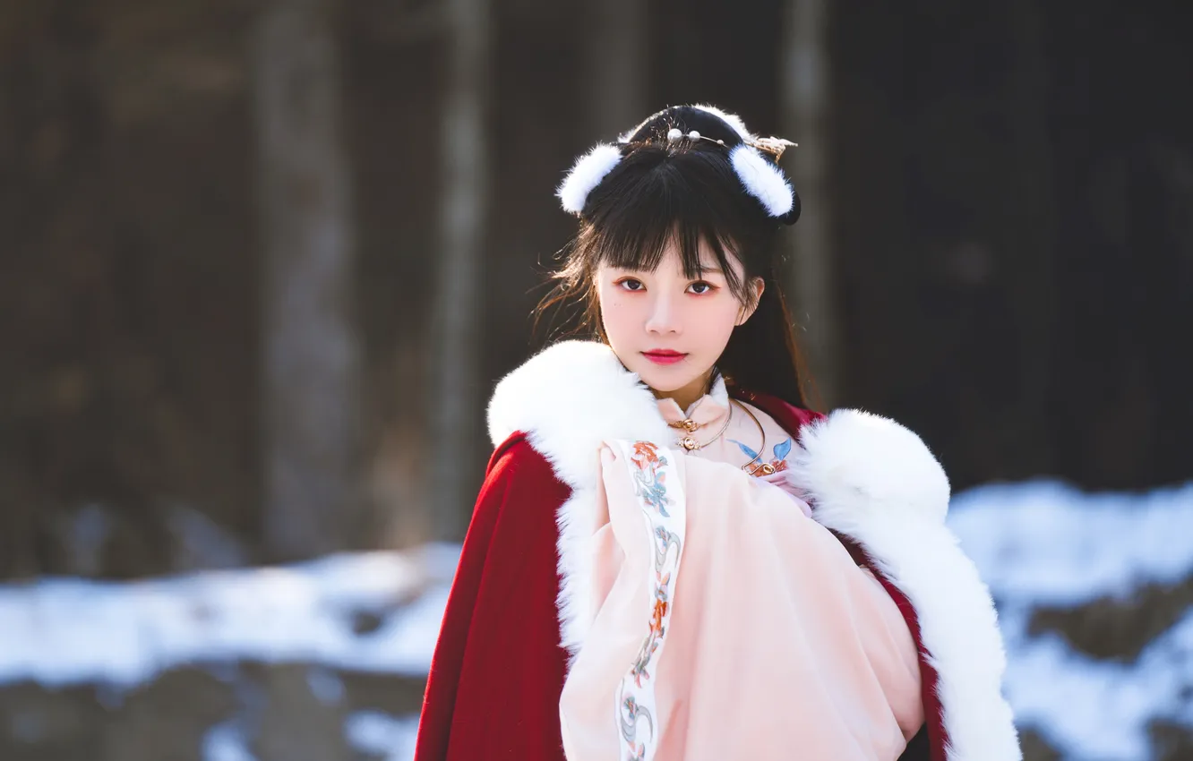 Photo wallpaper woman, beautiful, winter, snow, model, pretty, coat, asian