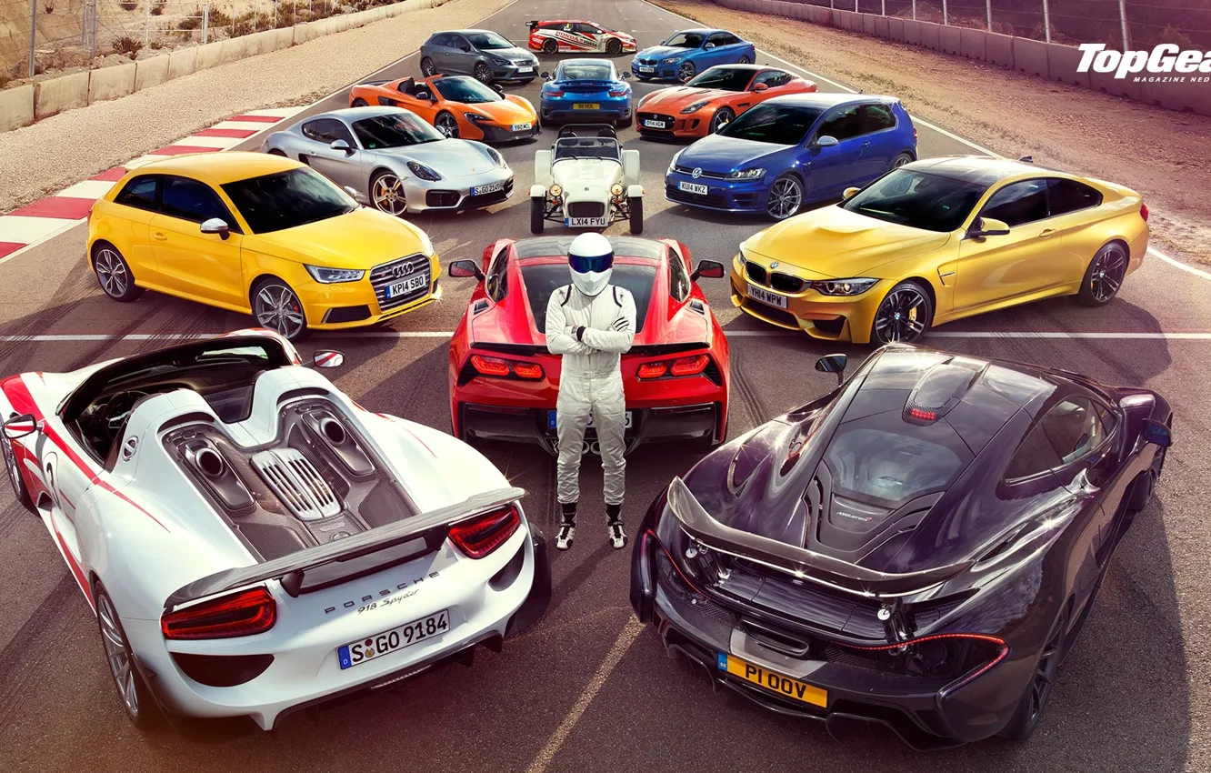 Photo wallpaper Top Gear, Wallpaper, Stig, Supercars, Volkswagen Golf, Porsche 918, BMW M4, McLaren P1