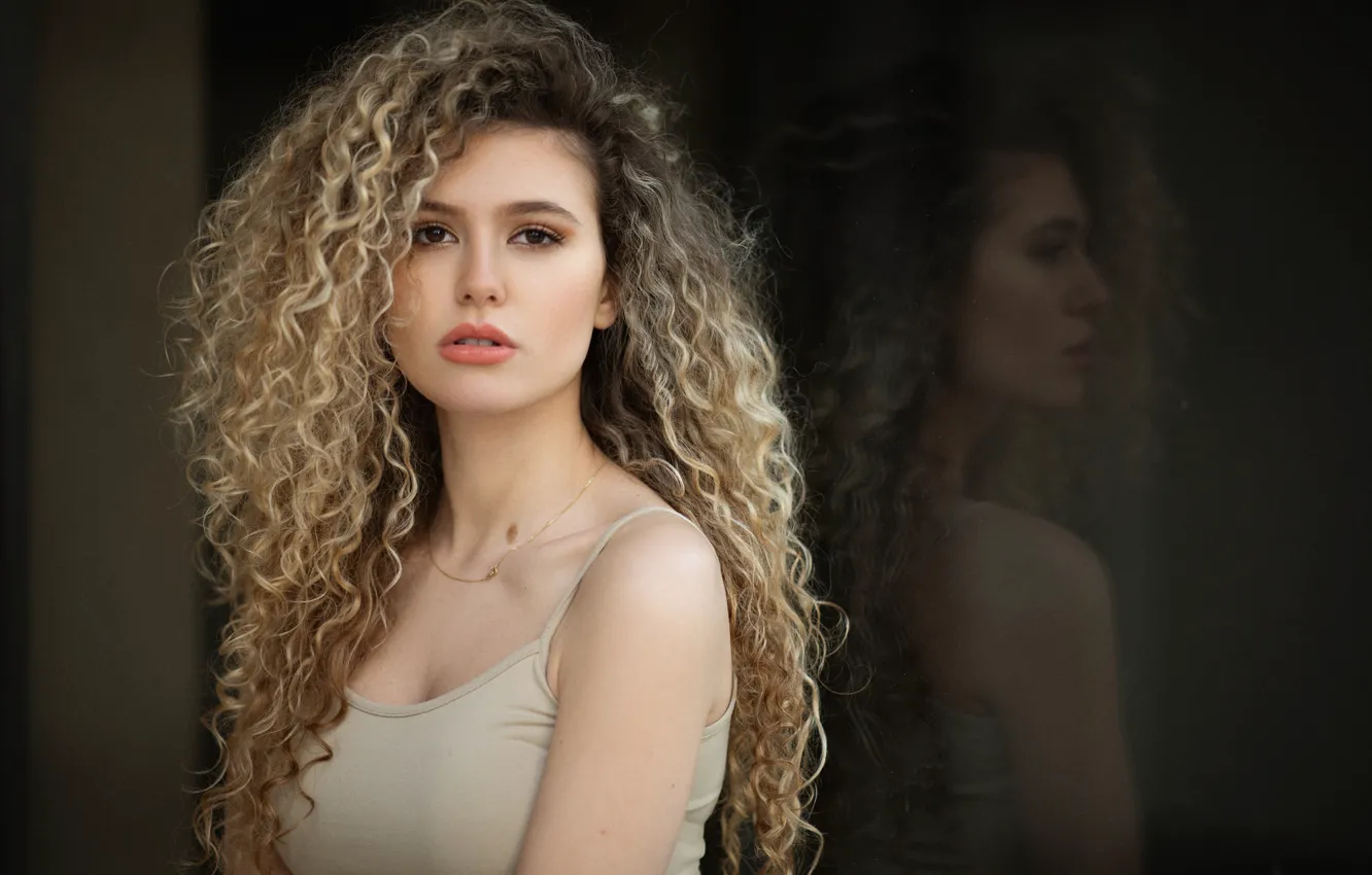 Photo wallpaper portrait, strap, big Breasts, brown eyes, cute girl, curly hair