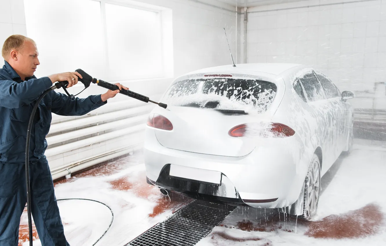 Photo wallpaper dirt, foam, cleaning, Car wash, employee, pressure water
