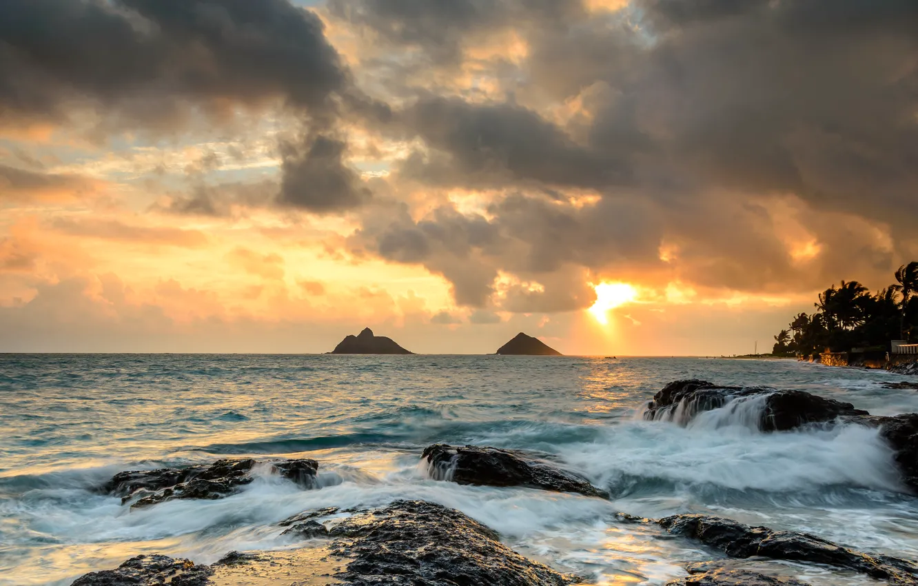 Photo wallpaper sunrise, stones, the ocean, rocks, Hawaii, Hawaii