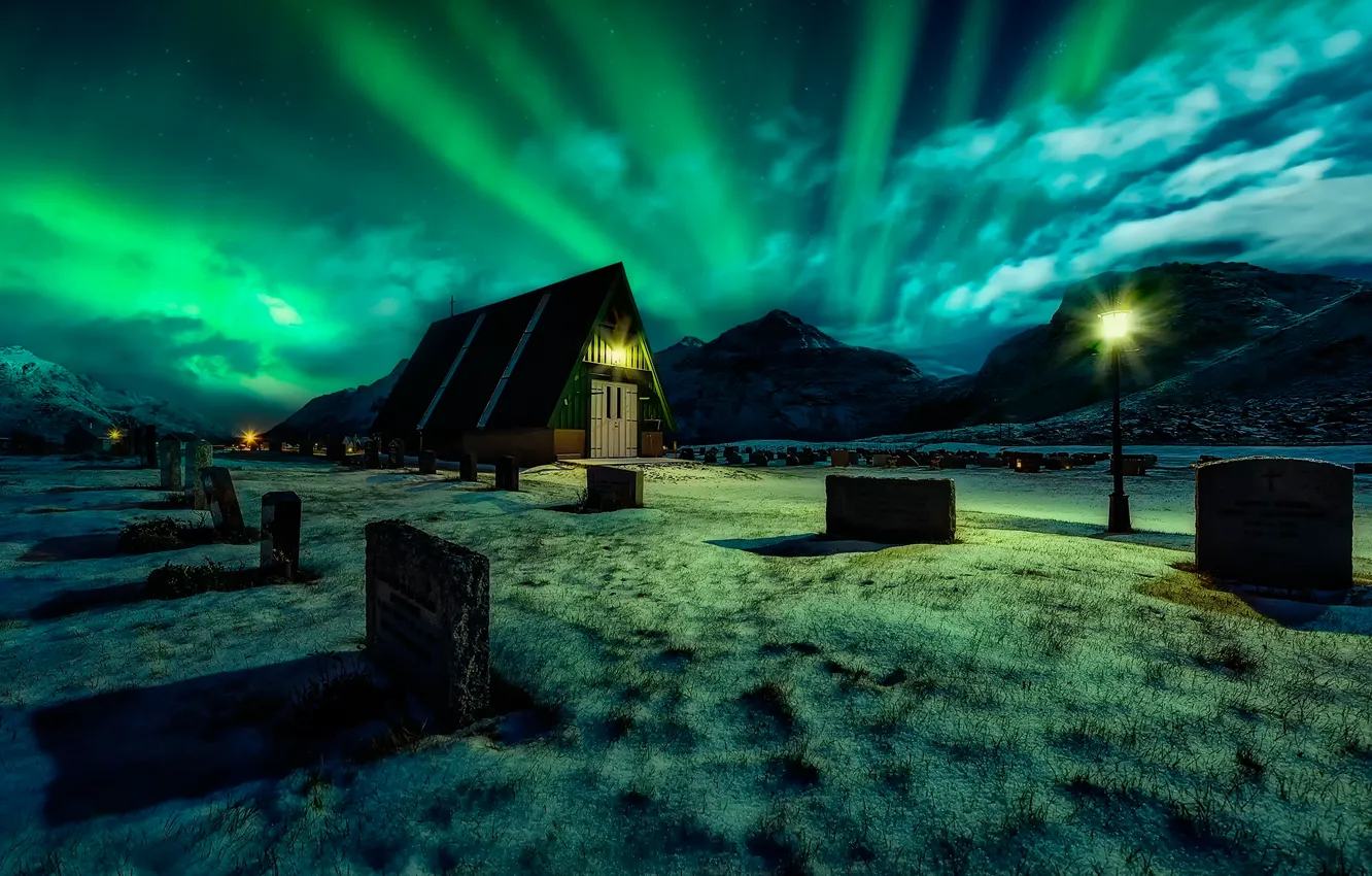 Photo wallpaper night, Northern lights, cemetery
