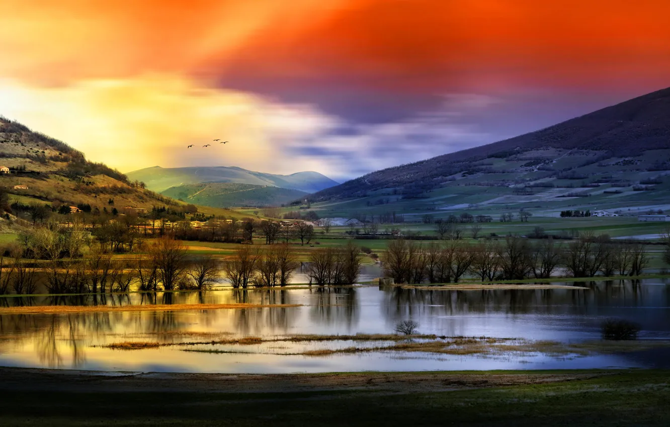 Photo wallpaper the sky, water, trees, mountains, birds, Landscape