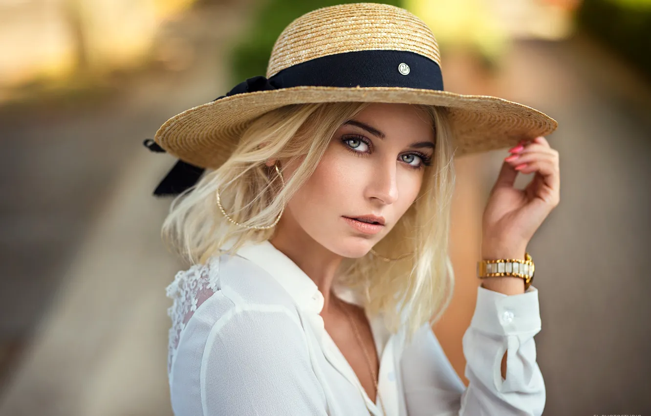 Photo wallpaper look, pose, background, model, portrait, hat, makeup, hairstyle