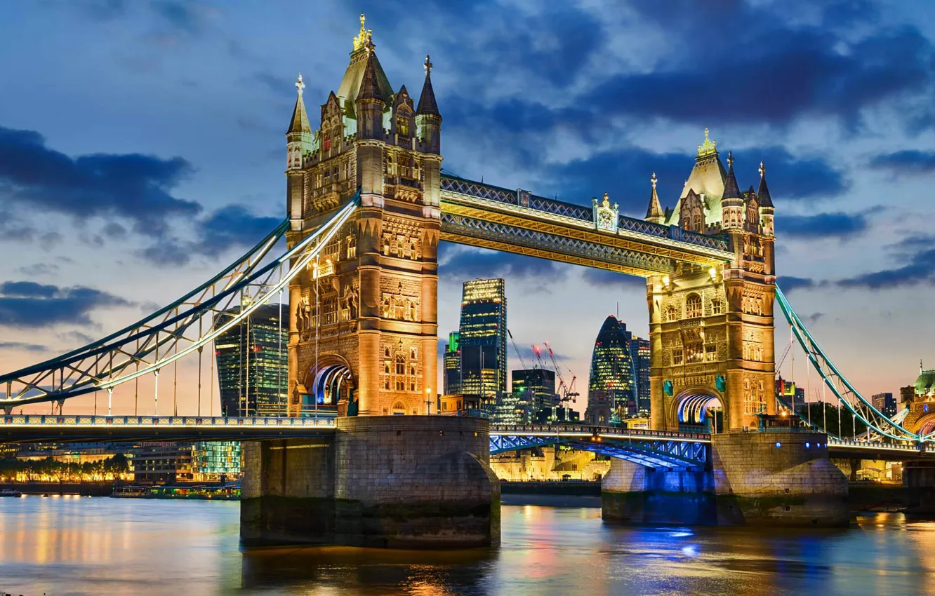 Photo wallpaper night, lights, England, London, Tower bridge