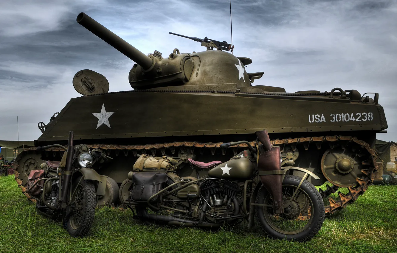Photo wallpaper model, war, tank, Harley-Davidson, average, M4 Sherman, period, world