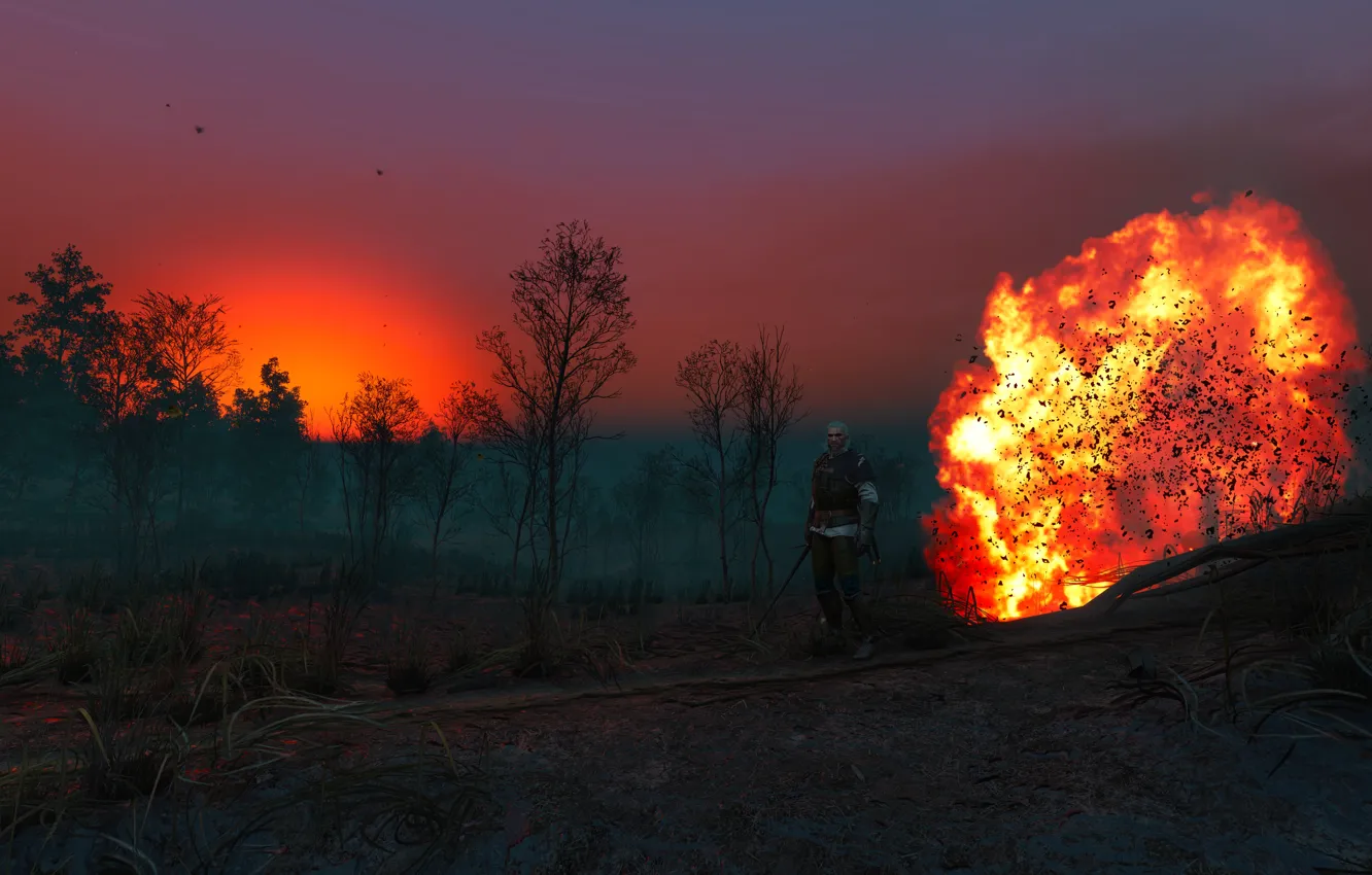 Photo wallpaper sunset, the explosion, nature, swamp, sword, warrior, armor, The Witcher
