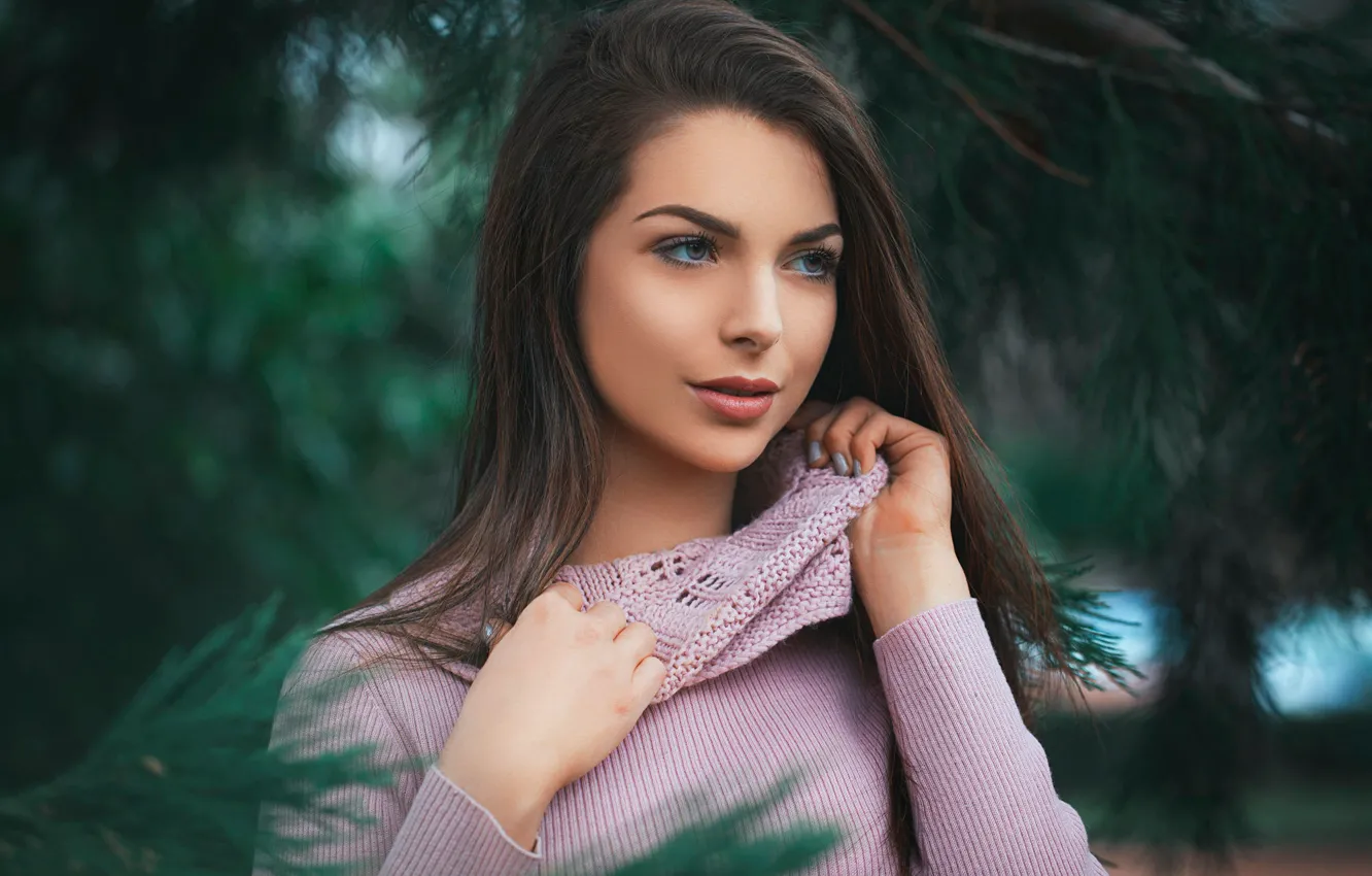 Photo wallpaper girl, brown hair, photo, blue eyes, model, lips, face, brunette