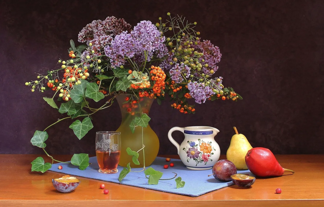 Photo wallpaper flowers, bouquet, still life, pear, drain
