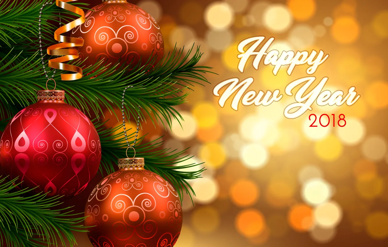 Photo wallpaper branches, glare, background, holiday, the inscription, balls, toy, tree