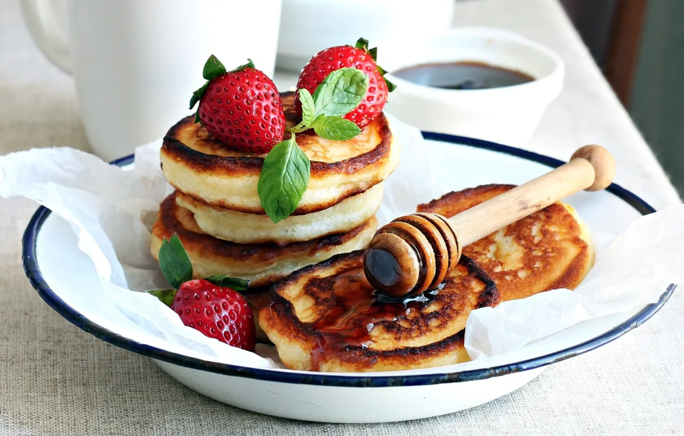 Photo wallpaper strawberry, honey, mint, pancakes