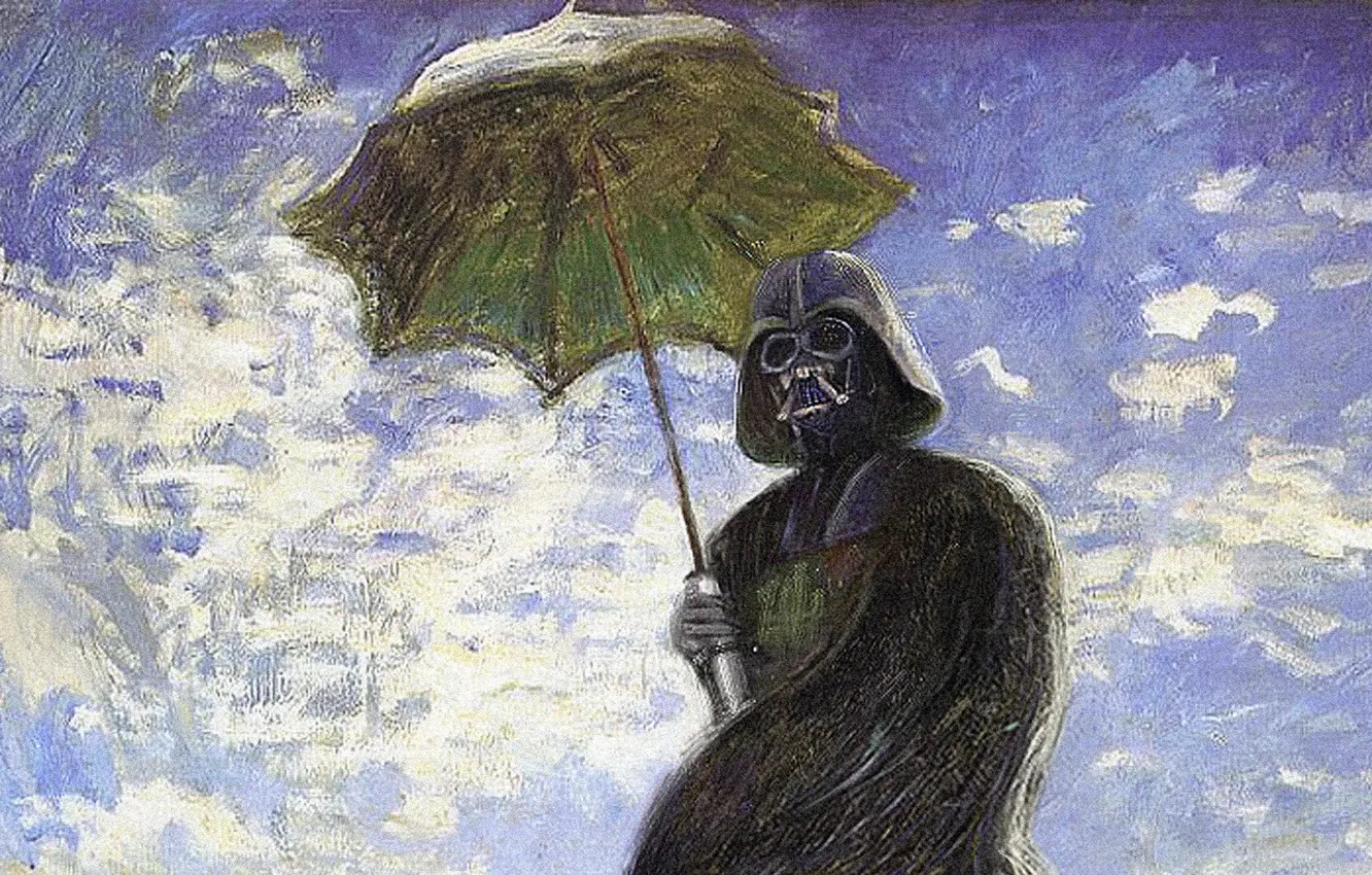 Photo wallpaper the sky, umbrella, picture, Star Wars, helmet, cloak, Darth Vader, oil