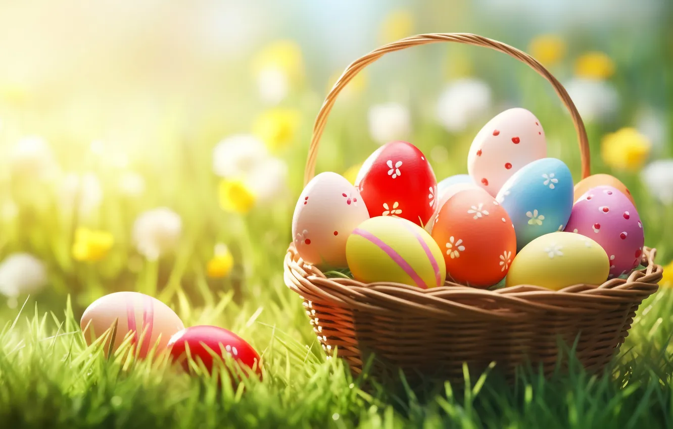 Photo wallpaper flowers, eggs, spring, colorful, Easter, happy, flowers, spring