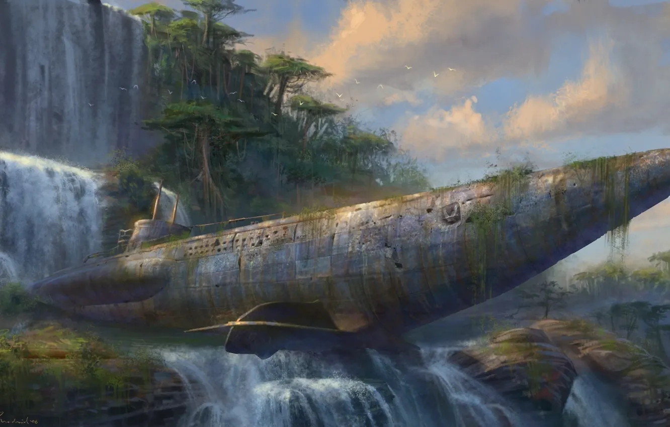 Photo wallpaper rocks, waterfall, art, abandonment, submarine, Drake’s Fortune, Uncharted