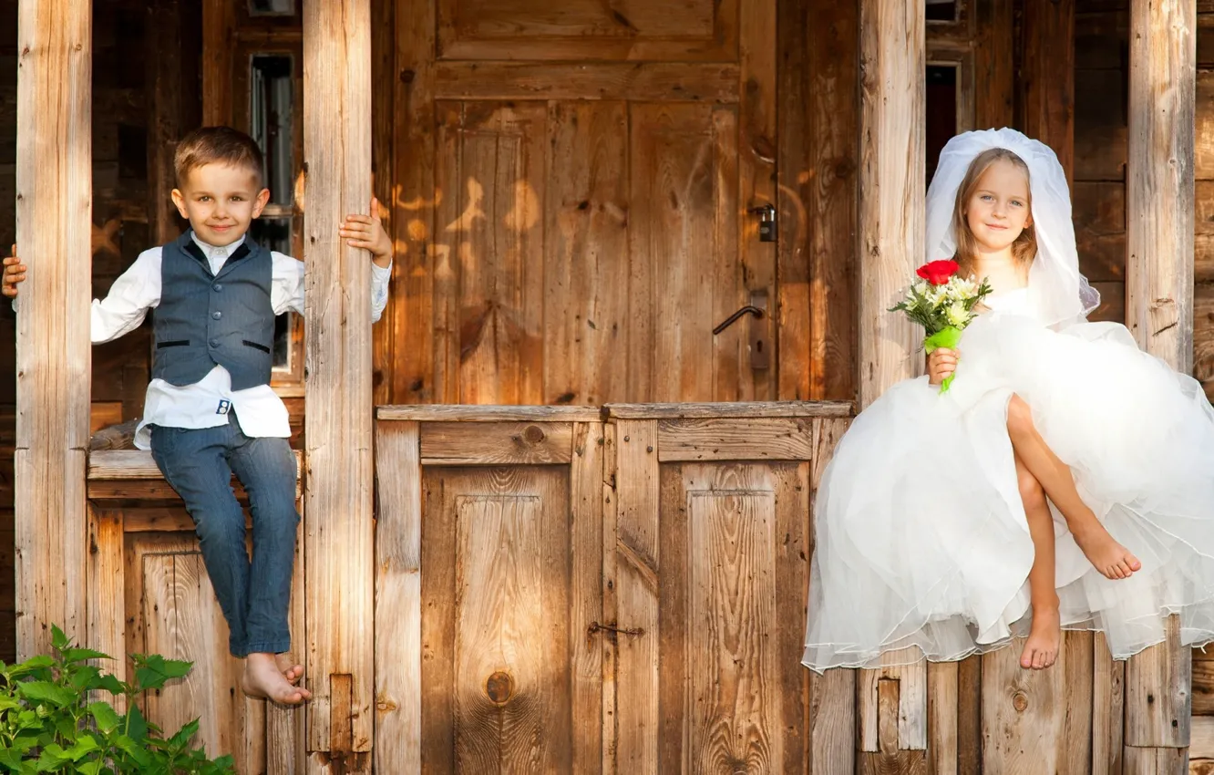 Photo wallpaper children, sitting, the bride, porch, the groom