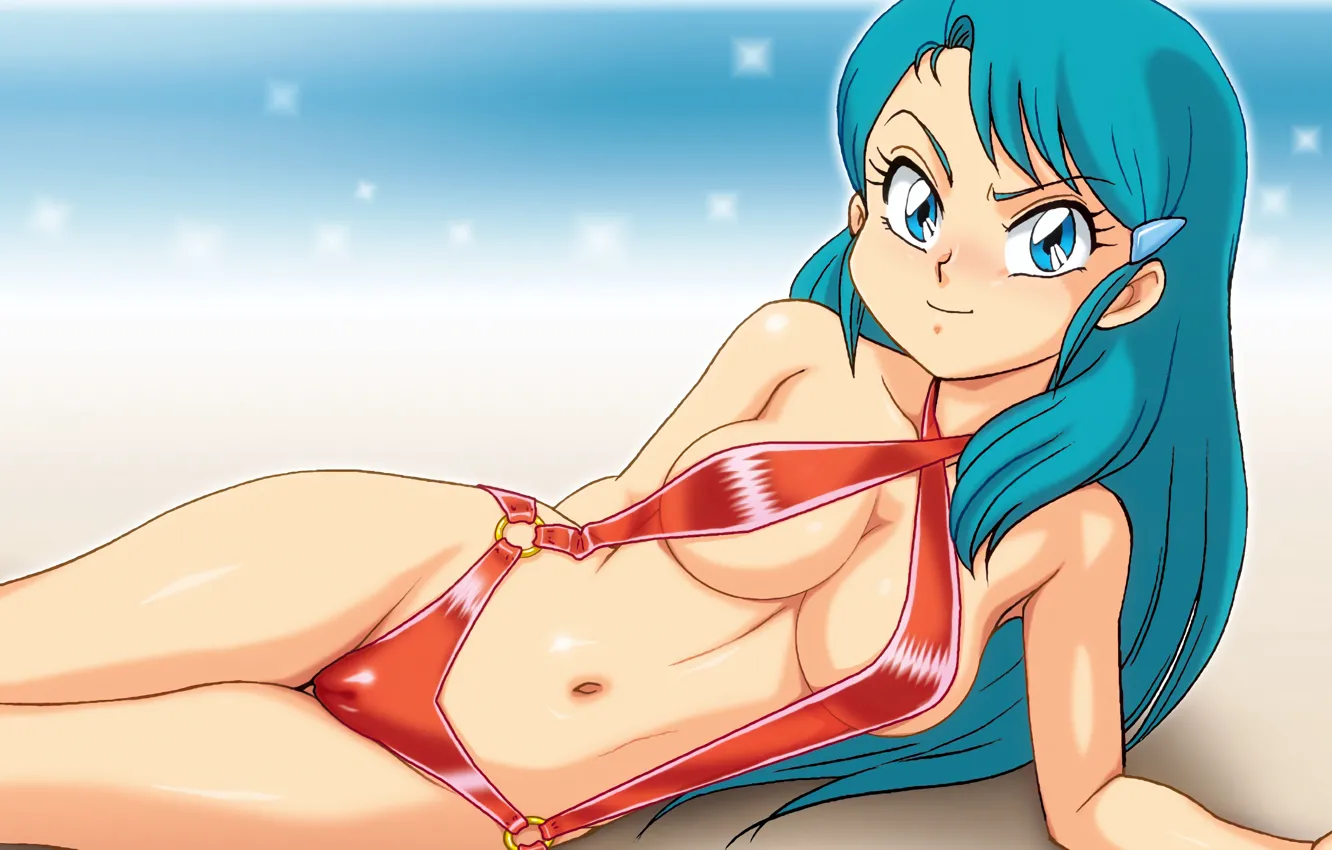 Photo wallpaper girl, sexy, Cameltoe, cleavage, beach, long hair, sea, boobs