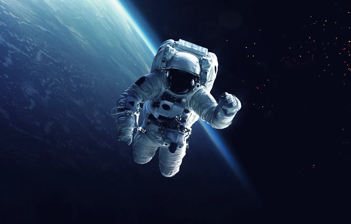 Photo wallpaper space, stars, earth, planet, astronaut, NASA, space, astronaut