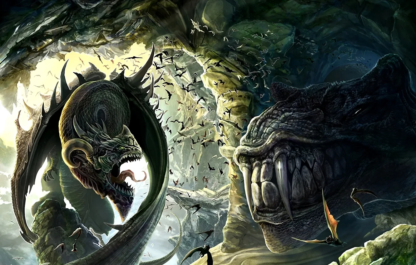 Photo wallpaper rocks, dragon, dinosaur, art, cave, bats