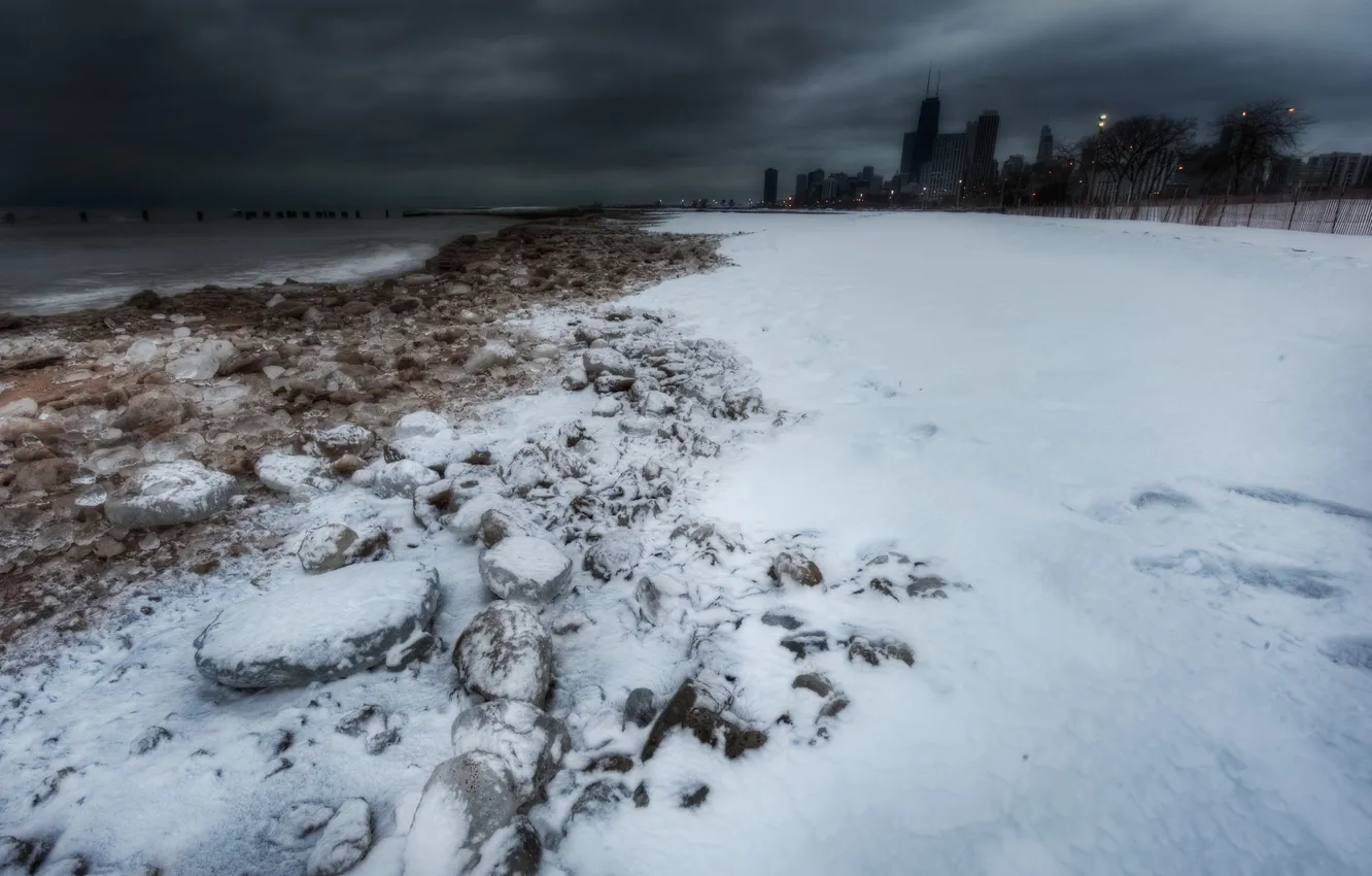 Photo wallpaper winter, snow, clouds, skyscrapers, Chicago, Chicago, Michigan