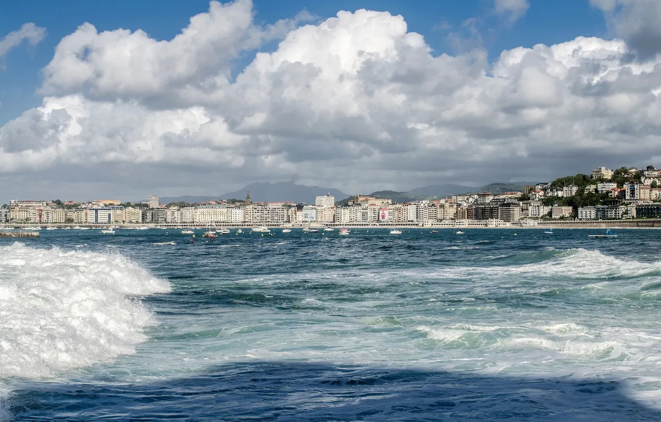 Photo wallpaper wave, clouds, yachts, boats, Spain, Spain, San Sebastian, Donostia