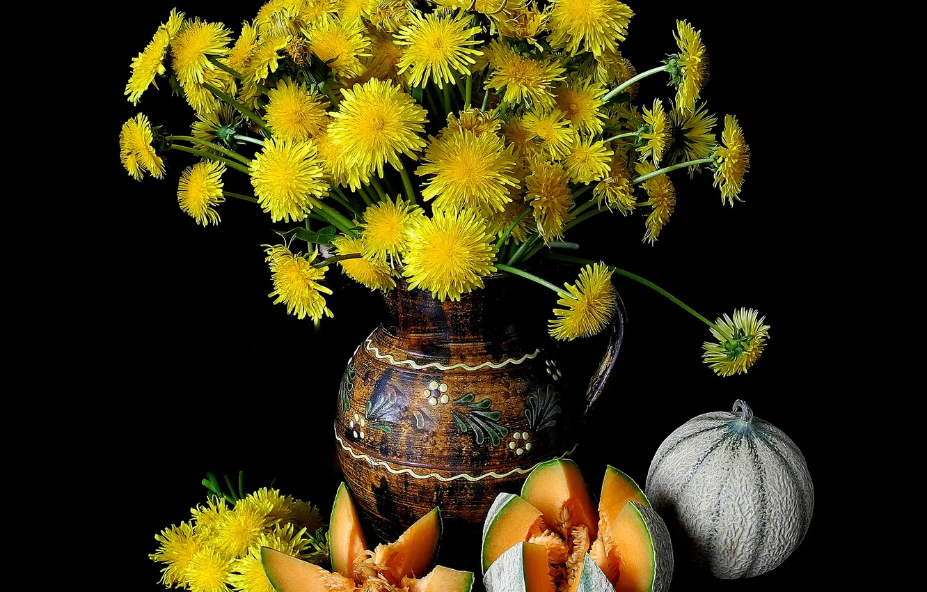 Photo wallpaper pitcher, still life, dandelions, melon