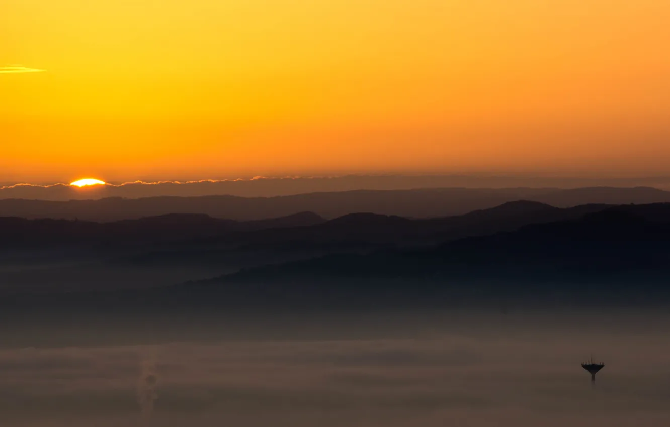 Photo wallpaper sunset, fog, hills, silhouette, orange sky