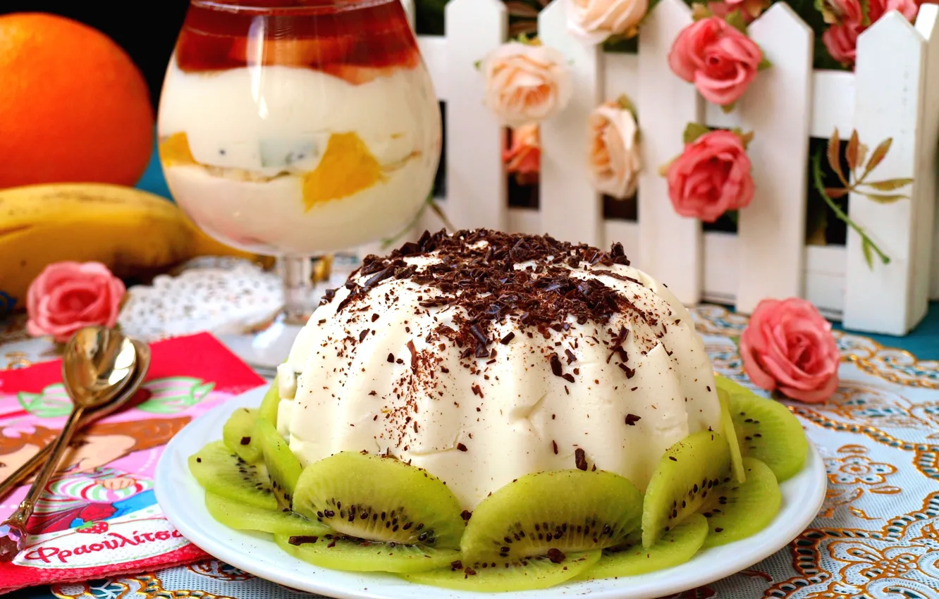 Photo wallpaper chocolate, kiwi, dessert, pudding