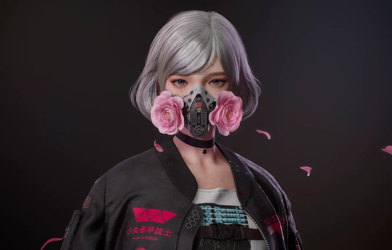 Photo wallpaper girl, roses, mask, killer, pink roses