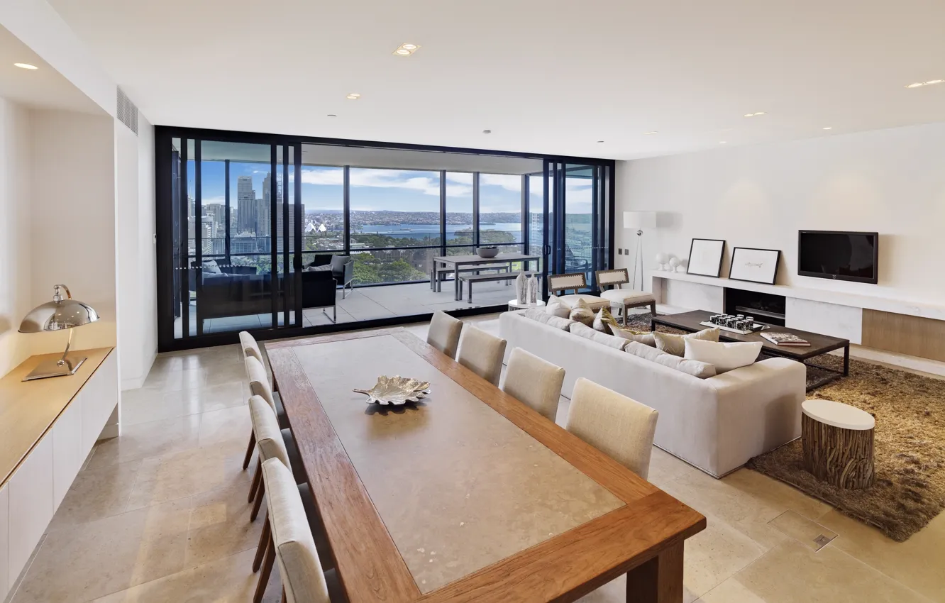 Photo wallpaper sea, the city, lake, sofa, Wallpaper, home, interior, skyscrapers