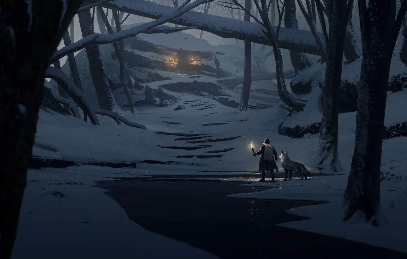 Photo wallpaper light, fantasy, forest, trees, night, winter, snow, man