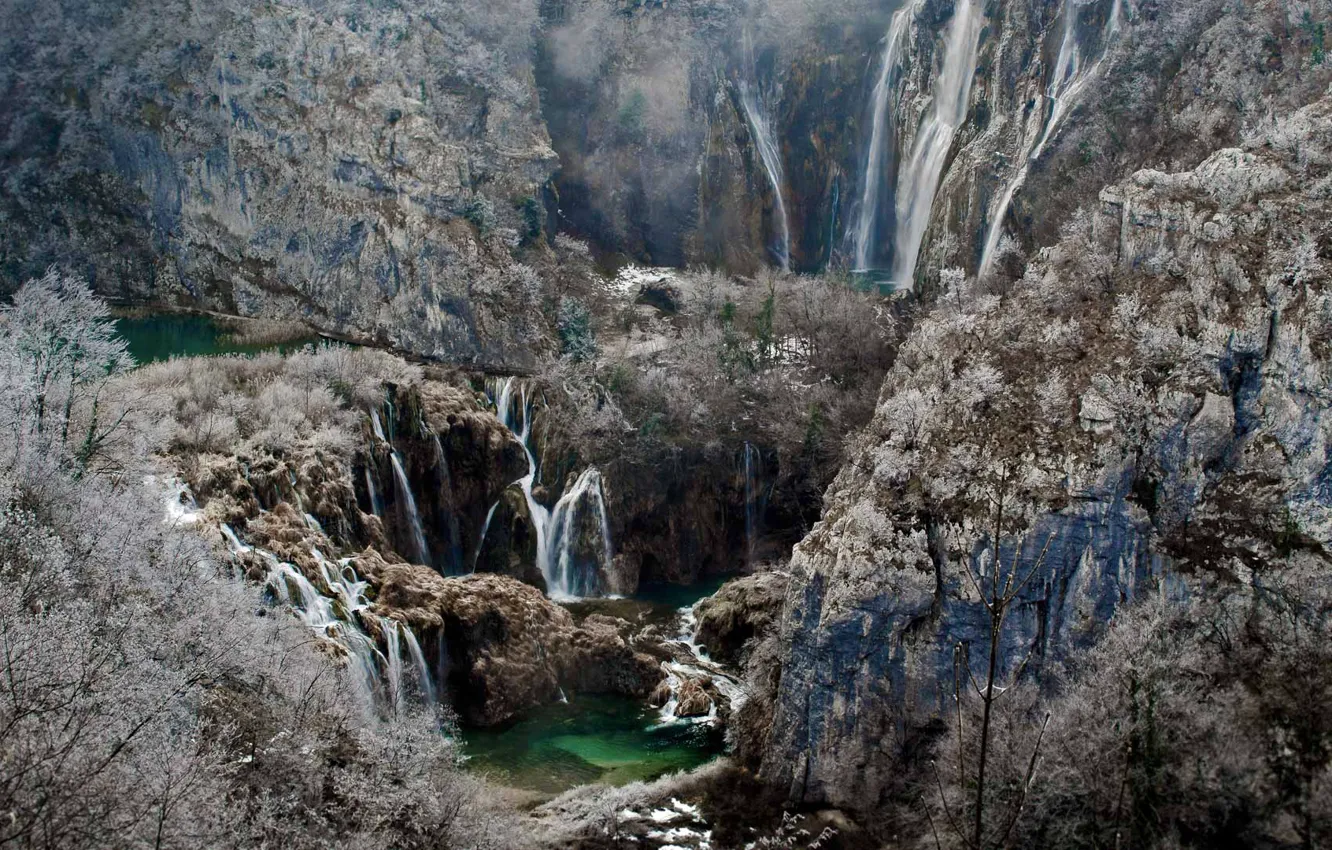 Photo wallpaper trees, mountains, waterfall, Croatia, National Park, Plitvice lakes