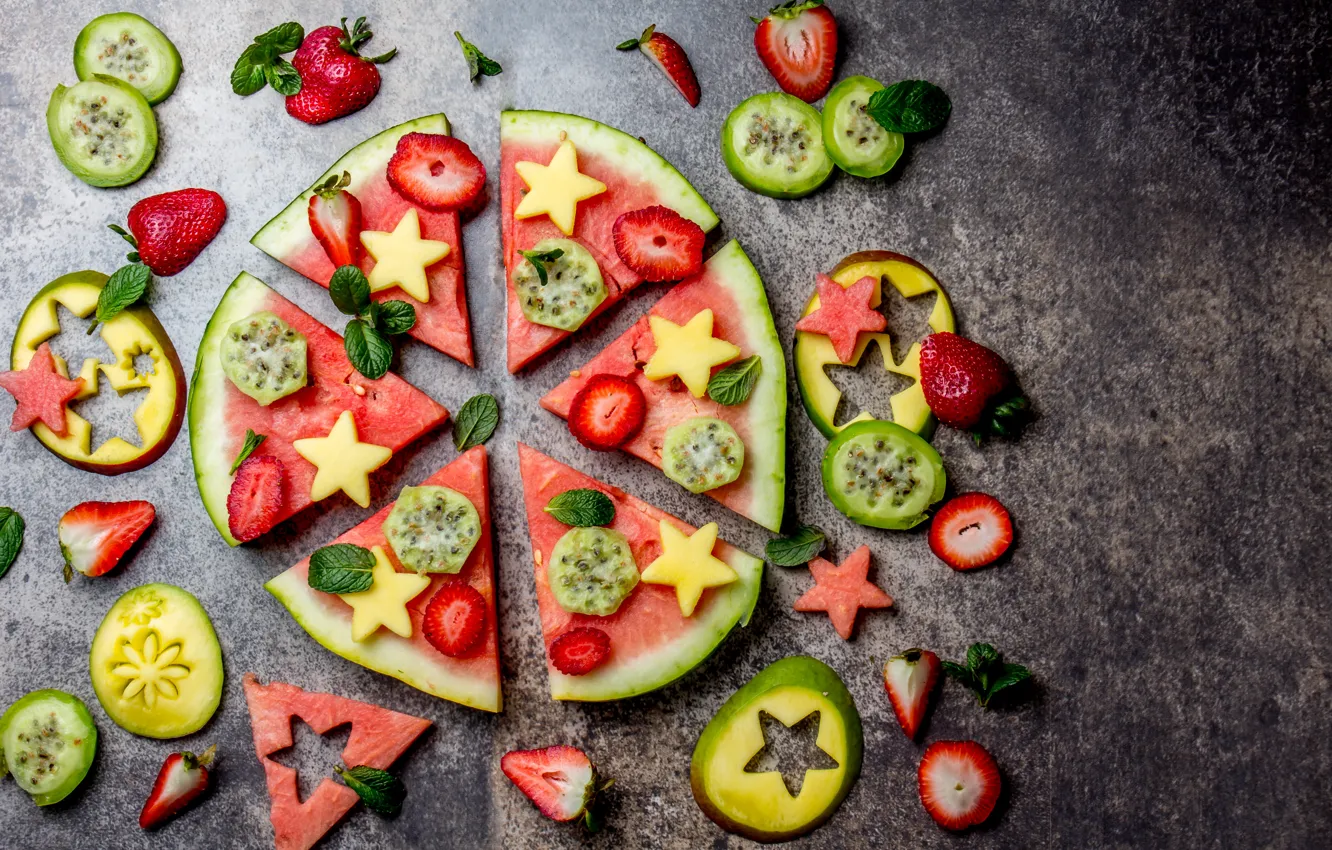 Photo wallpaper berries, watermelon, strawberry, mango, mint