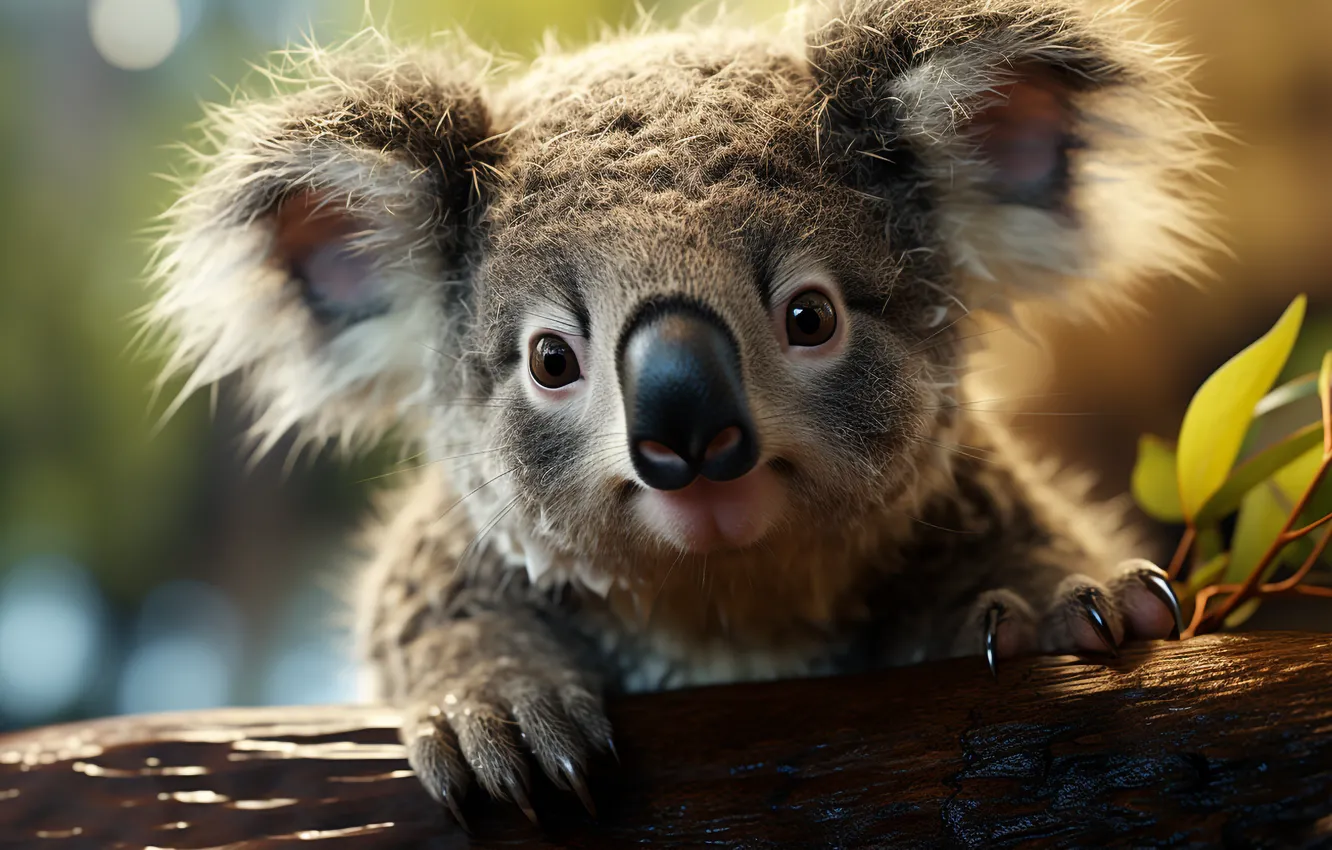 Photo wallpaper look, leaves, branches, nature, pose, cub, face, Koala
