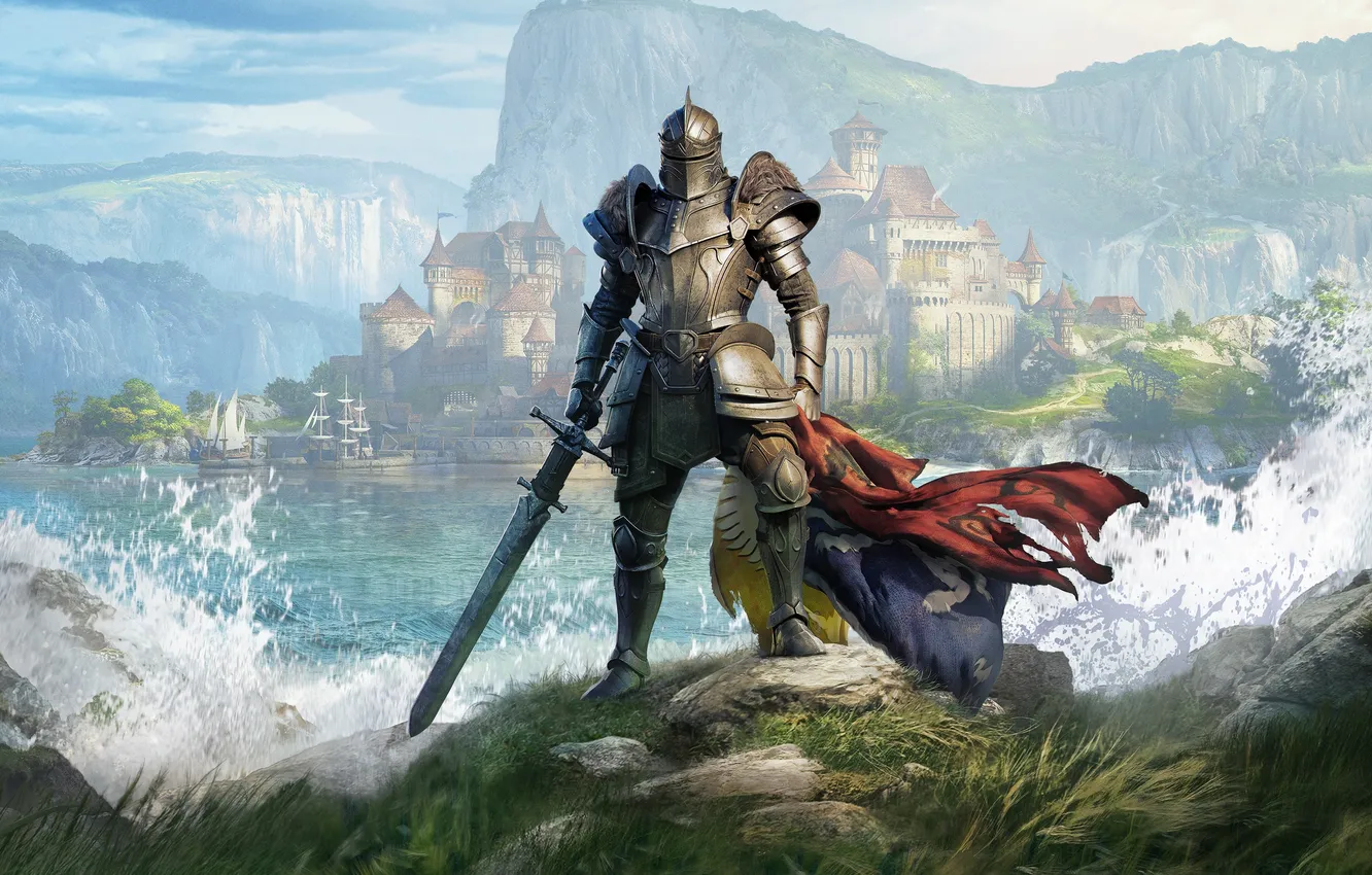 Photo wallpaper waves, sea, landscape, nature, mountains, castle, digital art, knight