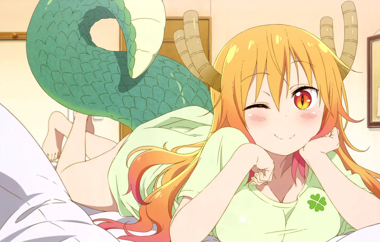 Photo wallpaper girl, anime, tail, dragon, japanese, oppai, maid, bishojo