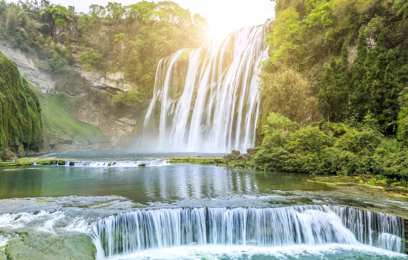 Photo wallpaper landscape, river, rocks, waterfall, summer, river, landscape, beautiful