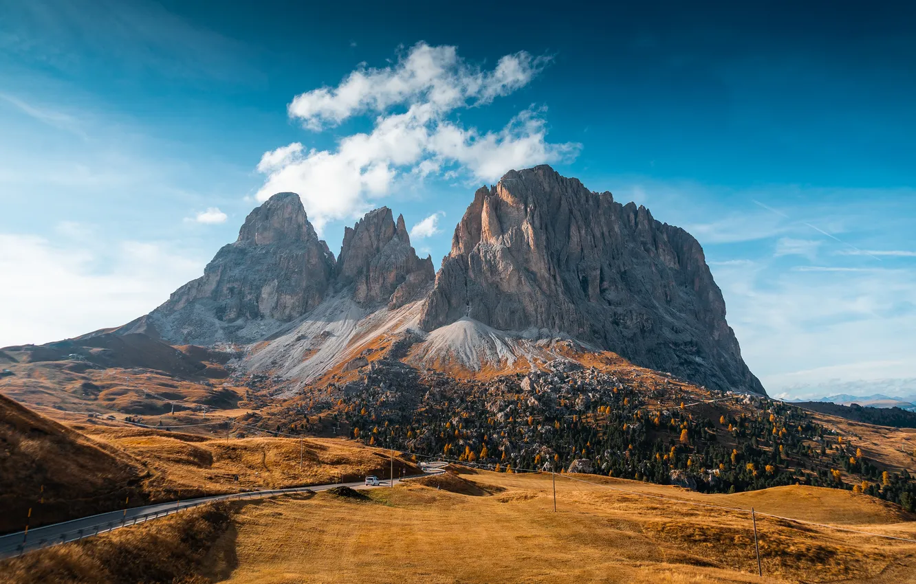 Photo wallpaper The sky, Clouds, Mountains, Autumn, Village, Road, Italy, Italy
