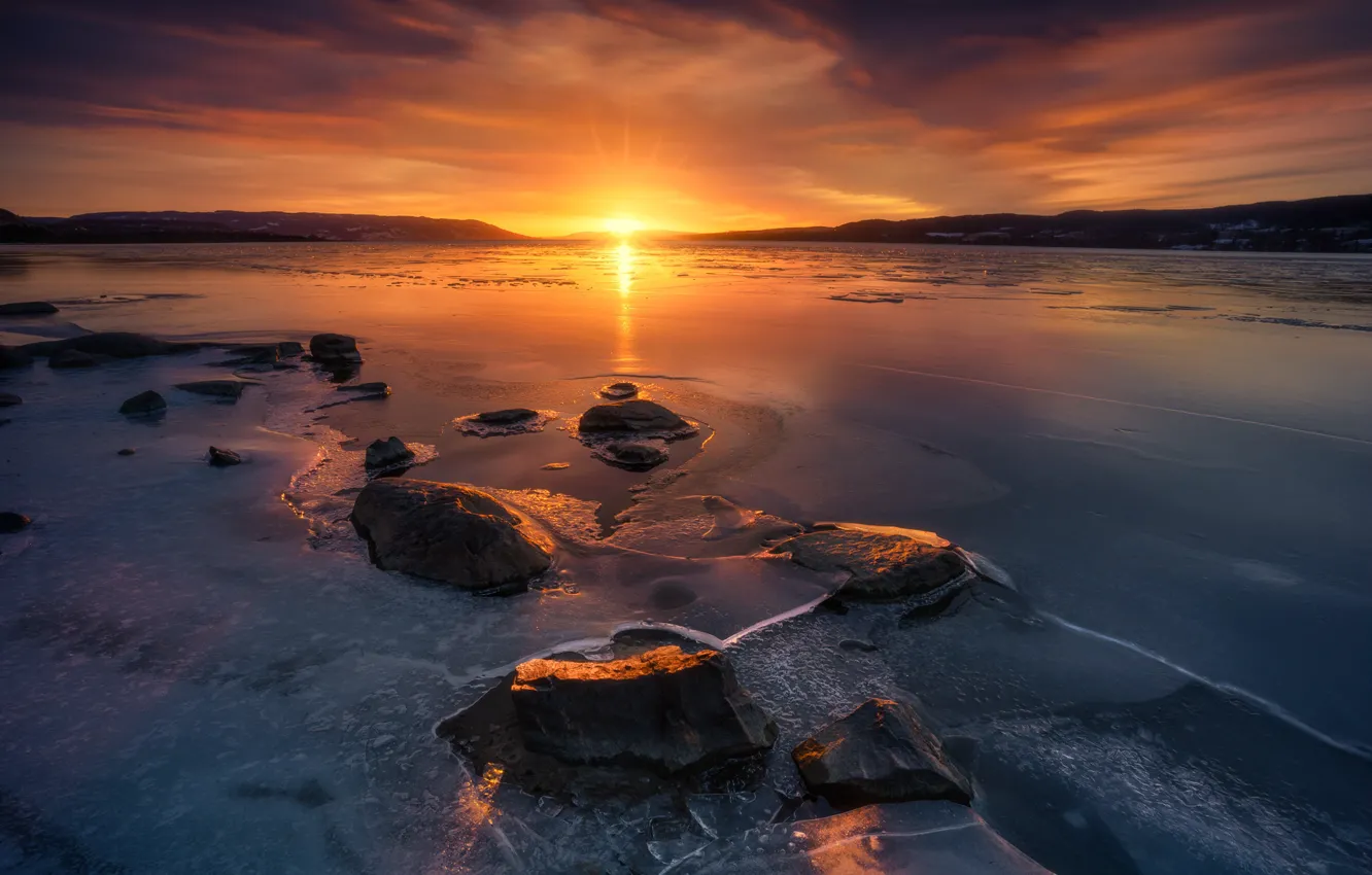 Photo wallpaper ice, winter, the sky, the sun, sunset, nature, lake, stones